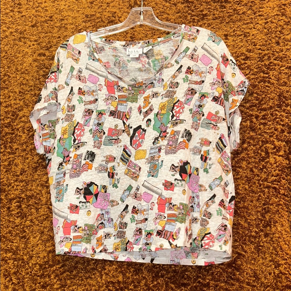 Nicole Miller beach-theme linen graphic tee size XL